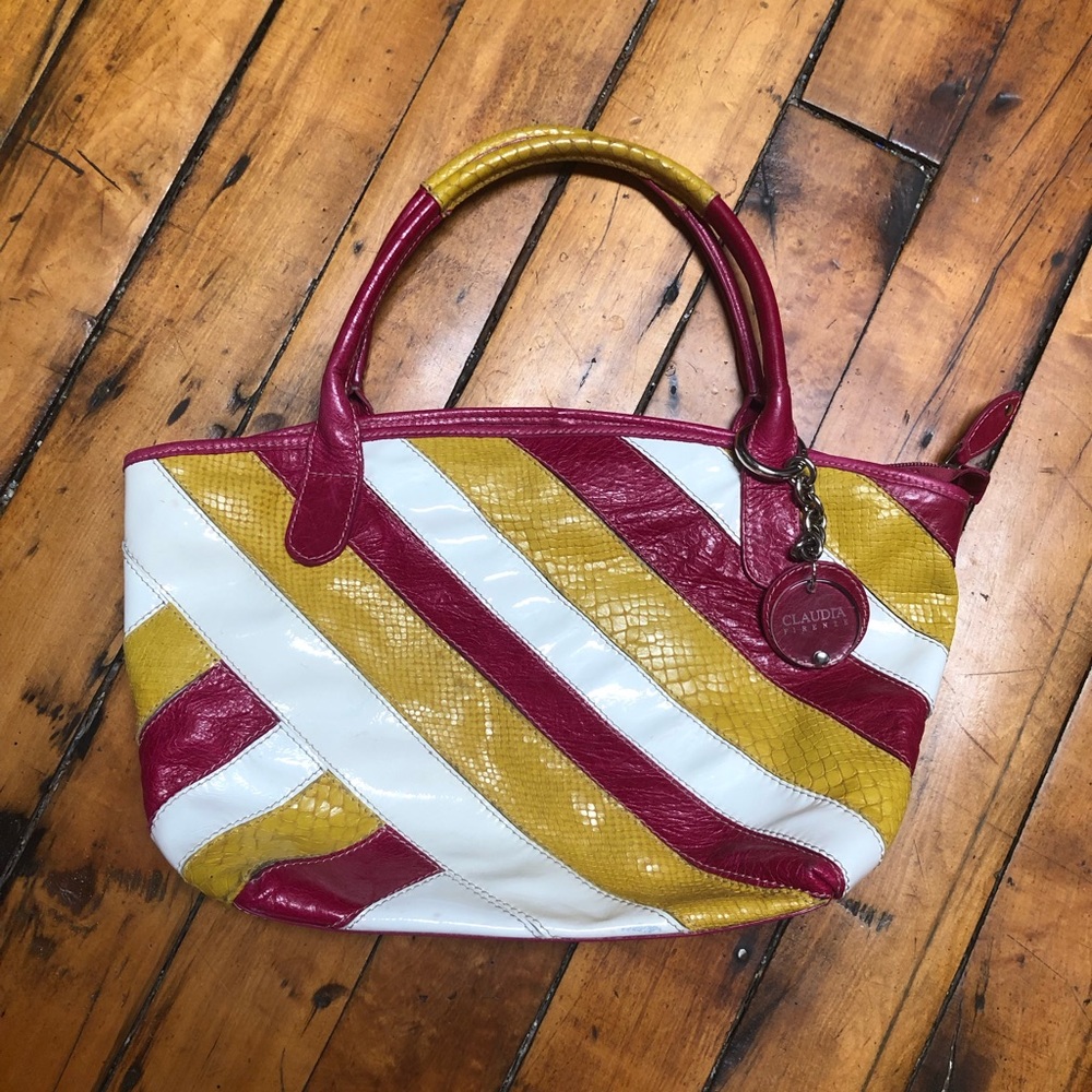 Claudia Firenze Italian leather handbag, Pink, White & Yellow